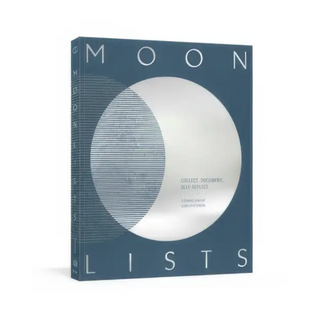 Moon Lists guided journal by Leigh Patterson, blue cover with a silver moon and the words Collect, Document, Self-Reflect